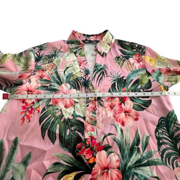 Zara Pink Lapel Tropical Rainforest Print Long Sleeve Blouse size Medium - Picture 5 of 9